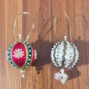 2 Vintage Beaded Push Pin Satin Christmas Ornament Handmade